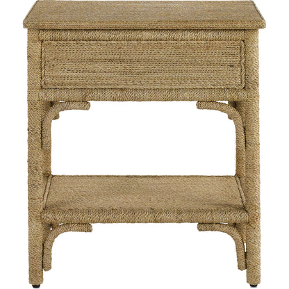 Olisa Nightstand by Currey and Company in natural abaca rope, washed wood. Made from abaca rope, solid wood, engineered wood, rattan in a eclectic & global style.