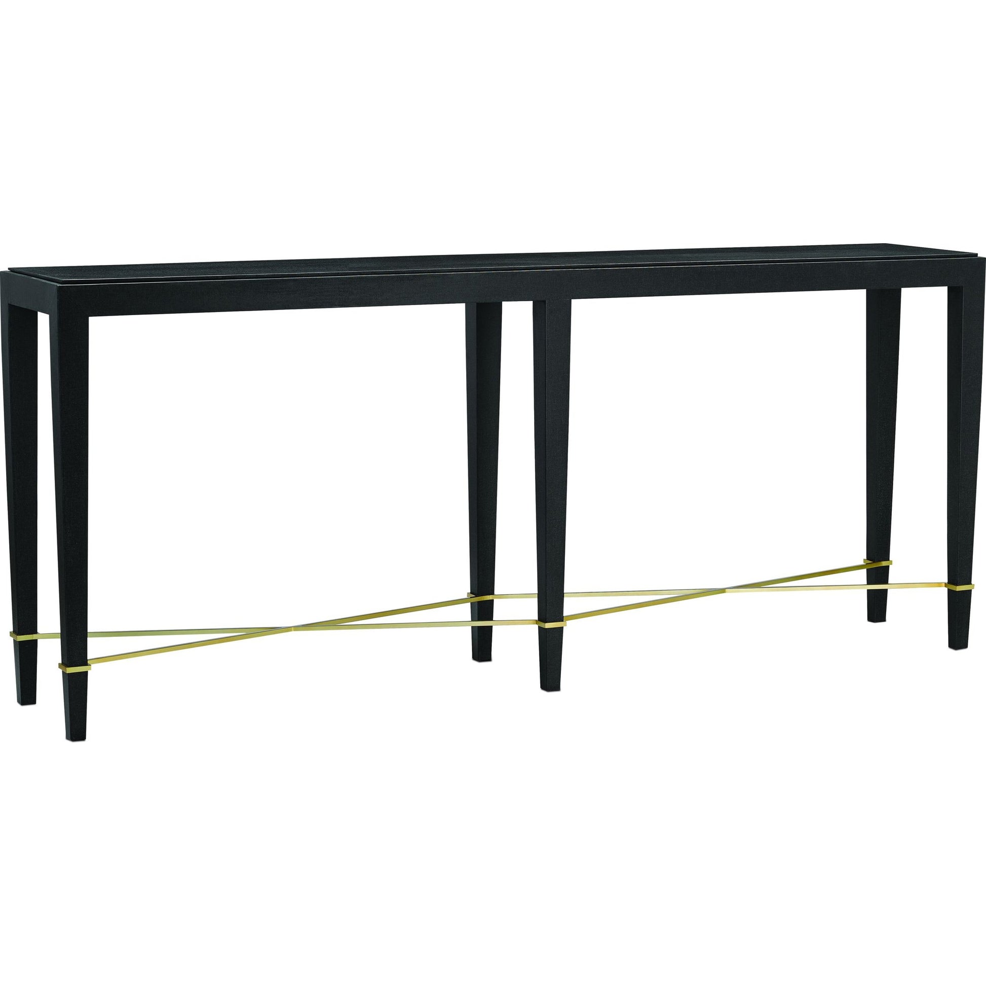 Verona Console Table by Currey and Company in black lacquered linen, champagne metal. Made from black lacquered linen, solid wood, engineered wood, metal in a modern style.