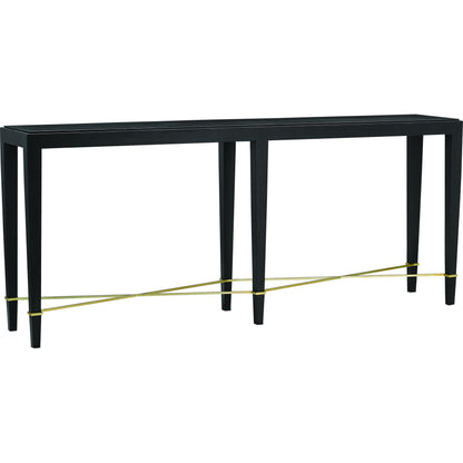 Verona Console Table by Currey and Company in black lacquered linen, champagne metal. Made from black lacquered linen, solid wood, engineered wood, metal in a modern style.