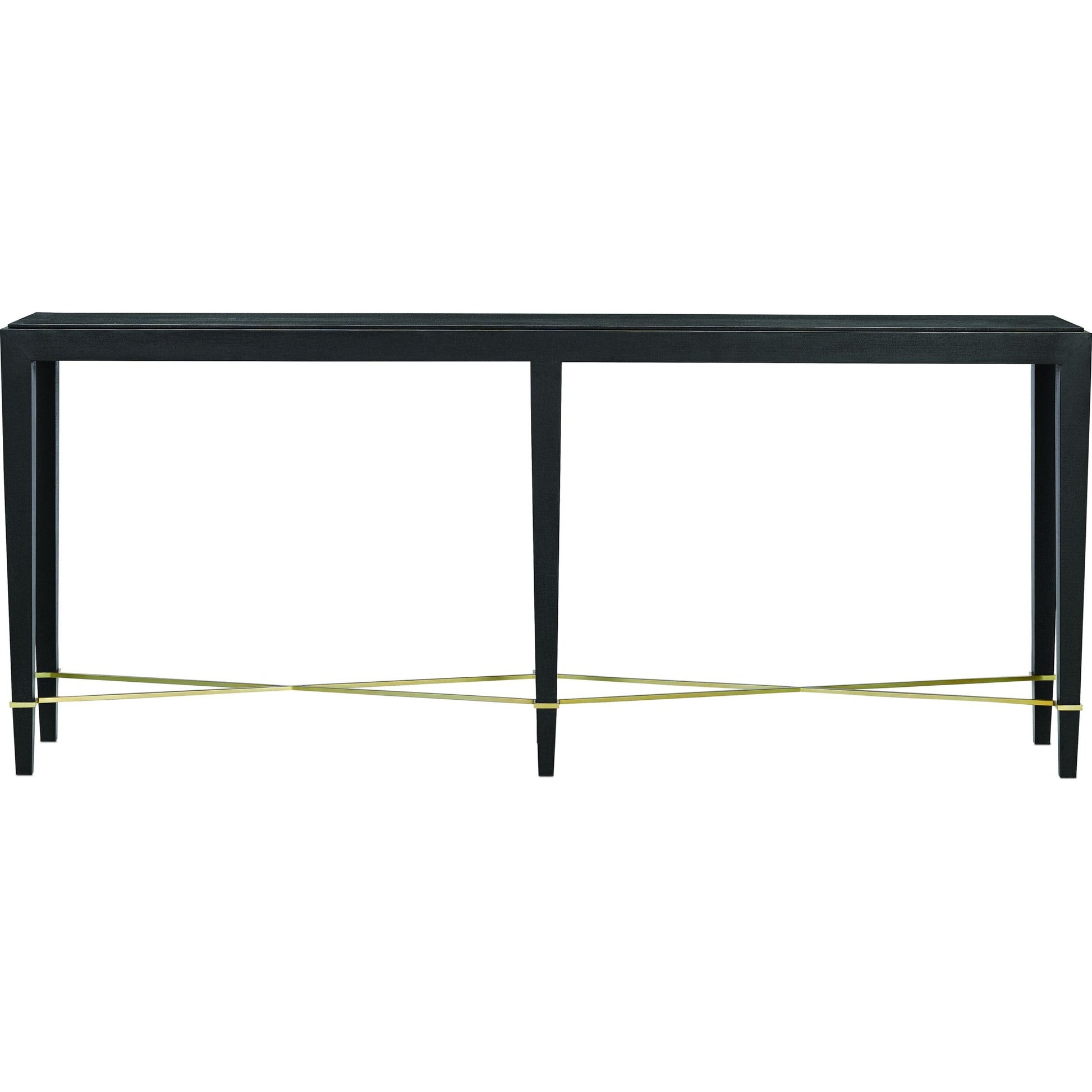 Verona Console Table by Currey and Company in black lacquered linen, champagne metal. Made from black lacquered linen, solid wood, engineered wood, metal in a modern style.