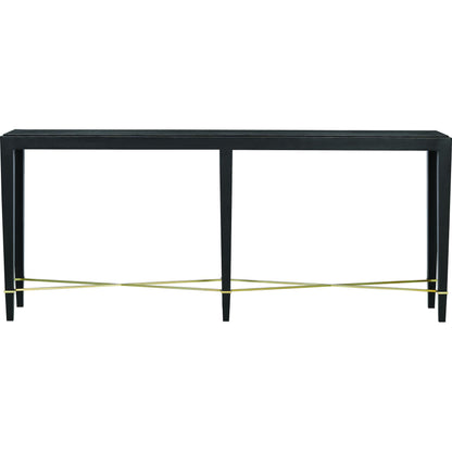Verona Console Table by Currey and Company in black lacquered linen, champagne metal. Made from black lacquered linen, solid wood, engineered wood, metal in a modern style.