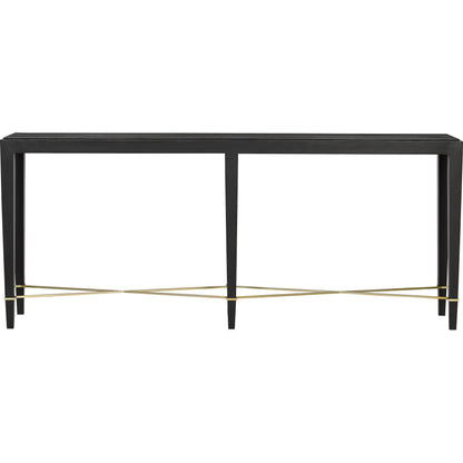 Verona Console Table by Currey and Company in black lacquered linen, champagne metal. Made from black lacquered linen, solid wood, engineered wood, metal in a modern style.
