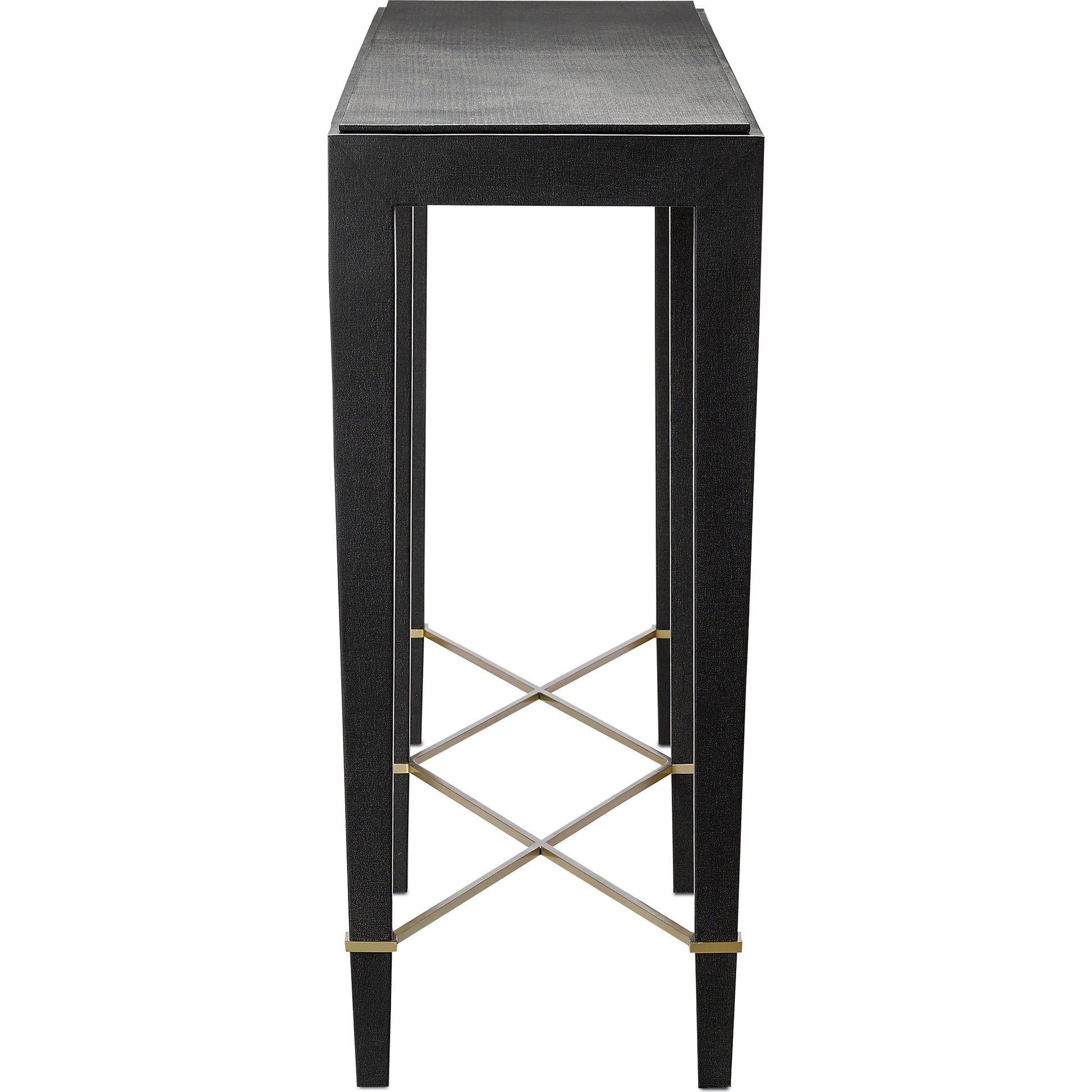 Verona Console Table by Currey and Company in black lacquered linen, champagne metal. Made from black lacquered linen, solid wood, engineered wood, metal in a modern style.