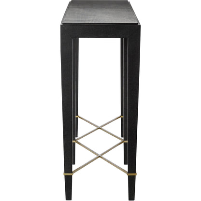 Verona Console Table by Currey and Company in black lacquered linen, champagne metal. Made from black lacquered linen, solid wood, engineered wood, metal in a modern style.