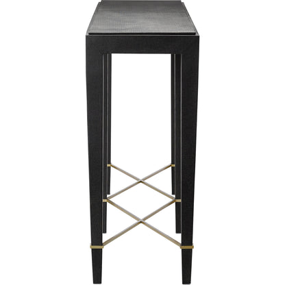 Verona Console Table by Currey and Company in black lacquered linen, champagne metal. Made from black lacquered linen, solid wood, engineered wood, metal in a modern style.