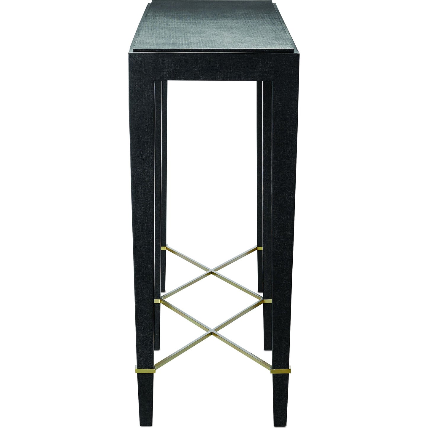004 S-291340 | Additional Silo | Verona Console Table by Currey and Company in black lacquered linen, champagne metal. Made from black lacquered linen, solid wood, engineered wood, metal in a modern style.