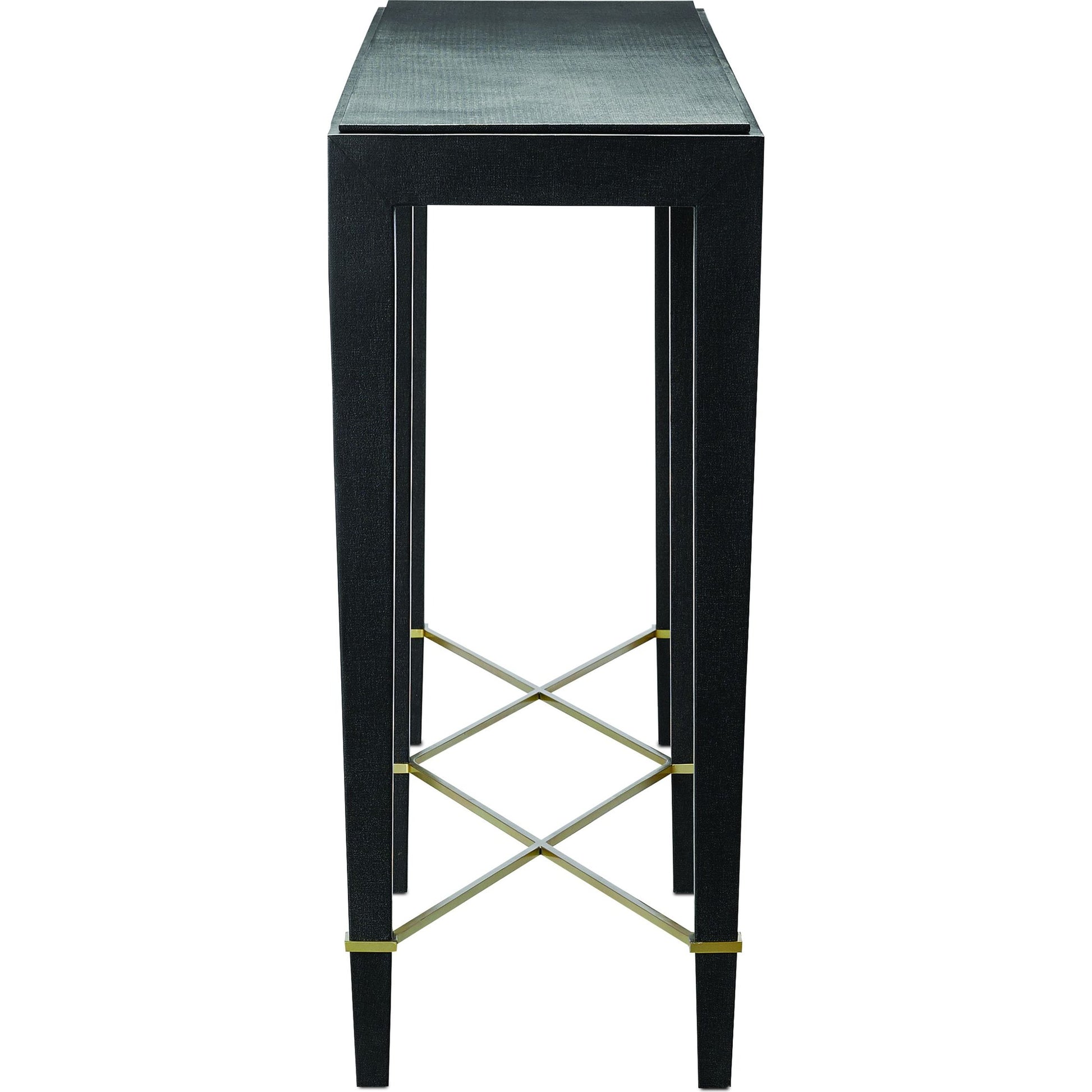 Verona Console Table by Currey and Company in black lacquered linen, champagne metal. Made from black lacquered linen, solid wood, engineered wood, metal in a modern style.