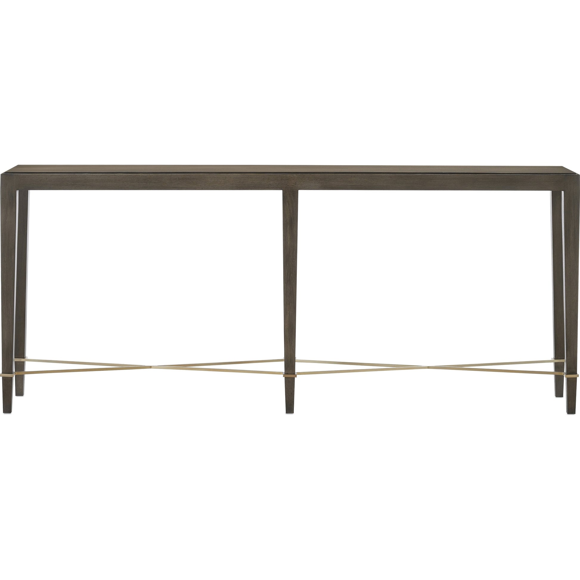 Verona Chanterelle Console Table by Currey and Company in chanterelle, champagne. Made from mahogany, brass, iron in a transitional style.