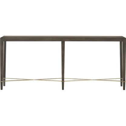 Verona Chanterelle Console Table by Currey and Company in chanterelle, champagne. Made from mahogany, brass, iron in a transitional style.