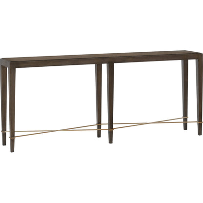 Verona Chanterelle Console Table by Currey and Company in chanterelle, champagne. Made from mahogany, brass, iron in a transitional style.