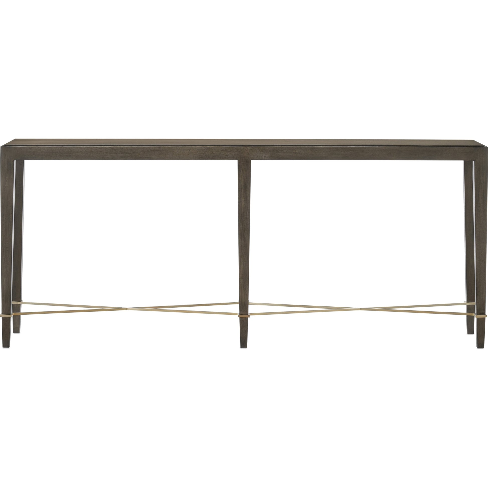 Verona Chanterelle Console Table by Currey and Company in chanterelle, champagne. Made from mahogany, brass, iron in a transitional style.
