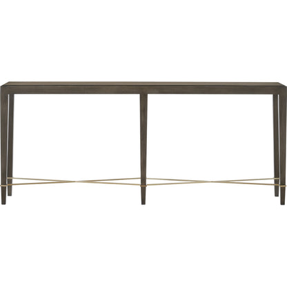 Verona Chanterelle Console Table by Currey and Company in chanterelle, champagne. Made from mahogany, brass, iron in a transitional style.