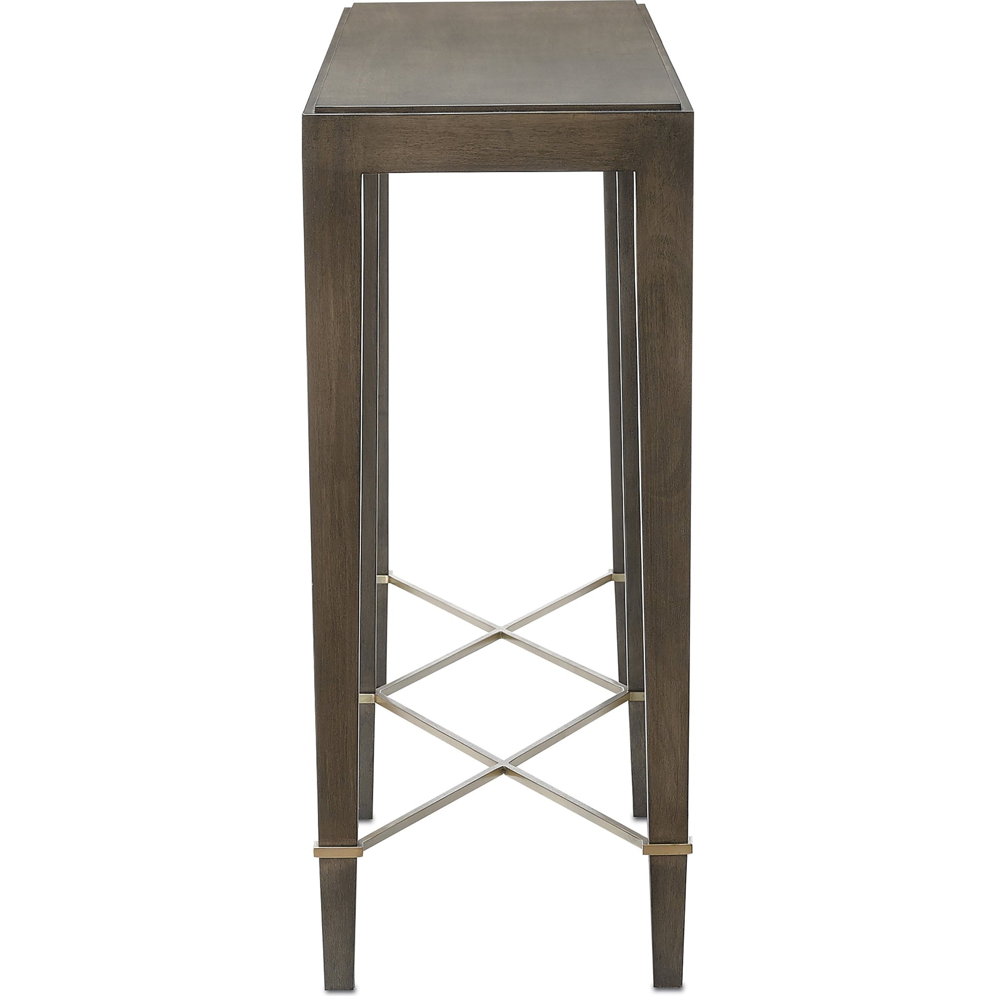 Verona Chanterelle Console Table by Currey and Company in chanterelle, champagne. Made from mahogany, brass, iron in a transitional style.
