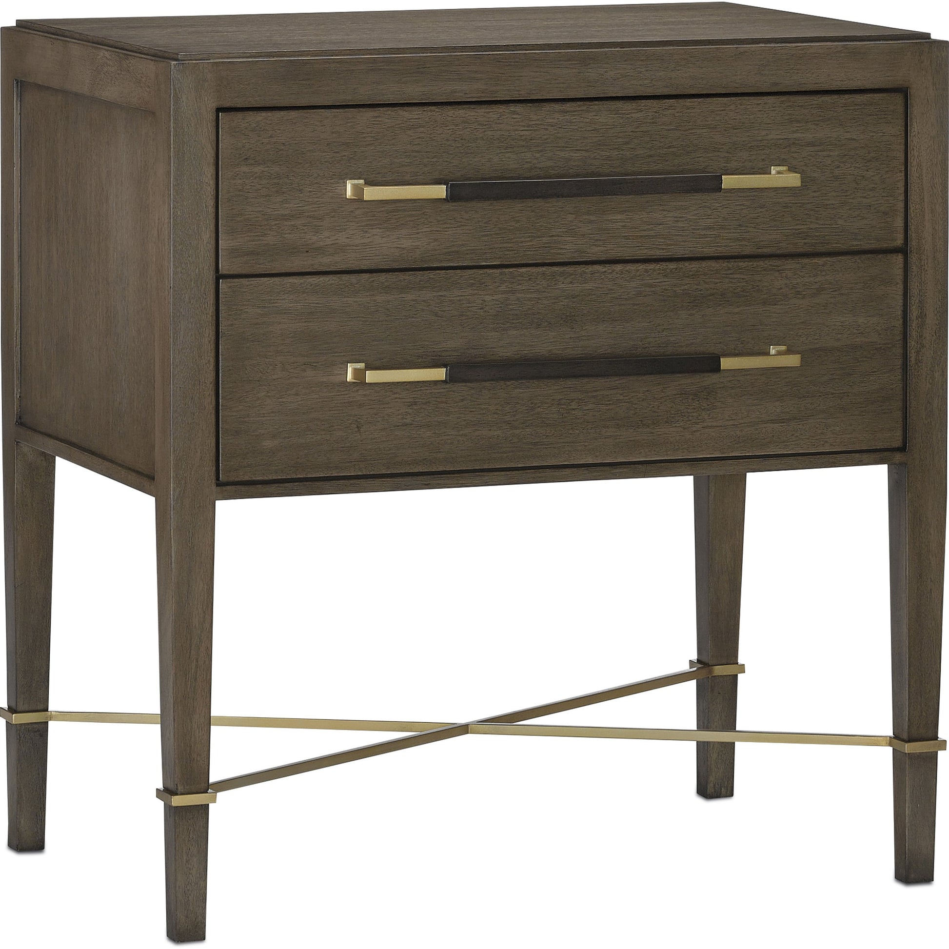 Verona Chanterelle Nightstand by Currey and Company in chanterelle, coffee, champagne. Made from mahogany, brass, iron in a transitional style.