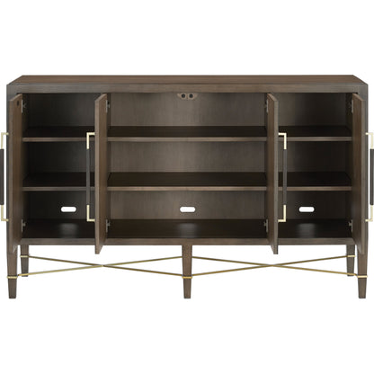 Verona Chanterelle Sideboard by Currey and Company in chanterelle, coffee, champagne. Made from mahogany, brass, iron in a modern style.