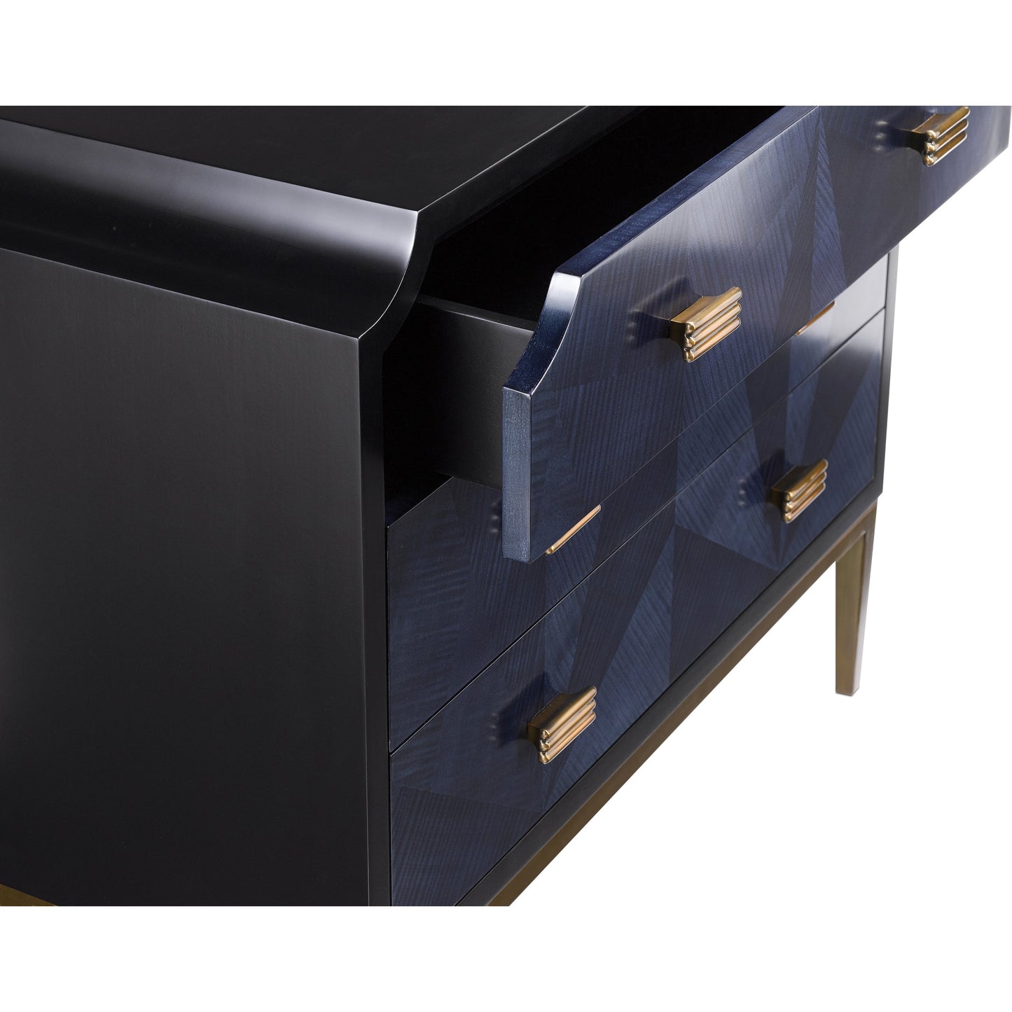 006 S-336174 | Additional Silo | Kallista Chest by Currey and Company in dark sapphire, caviar black, antique brass. Made from sycamore veneer, mahogany, engineered hardwood, brass, iron in a traditional style.