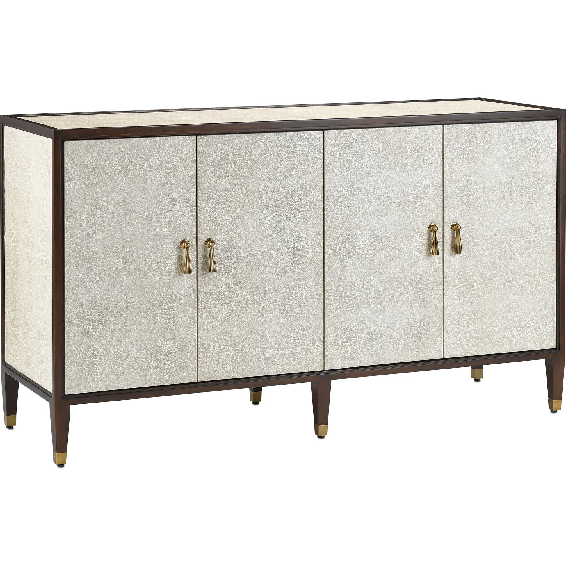Evie Credenza by Currey and Company in ivory, dark walnut, brass. Made from faux shagreen, mahogany, cast brass in a transitional style.