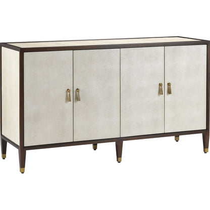 Evie Credenza by Currey and Company in ivory, dark walnut, brass. Made from faux shagreen, mahogany, cast brass in a transitional style.
