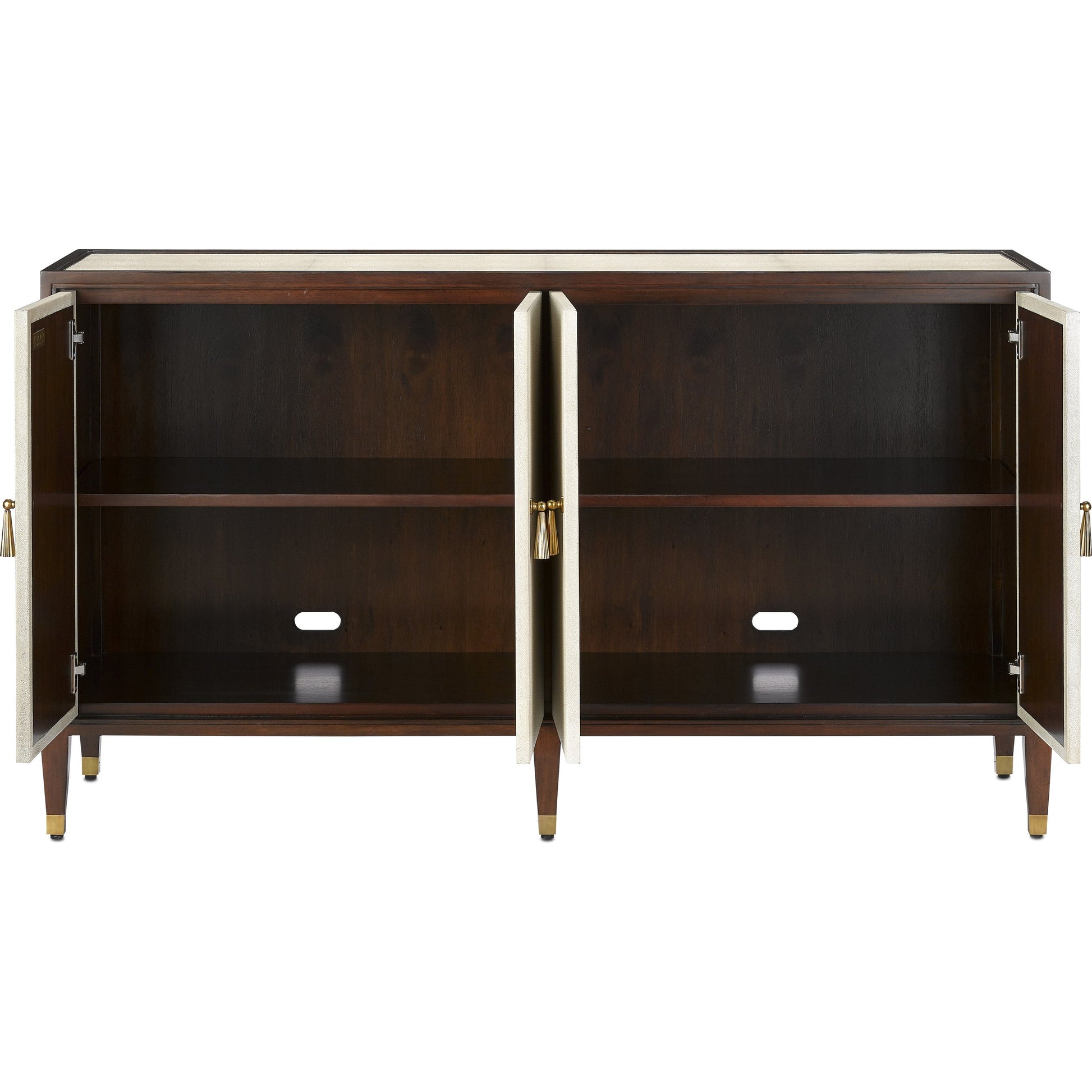 Evie Credenza by Currey and Company in ivory, dark walnut, brass. Made from faux shagreen, mahogany, cast brass in a transitional style.