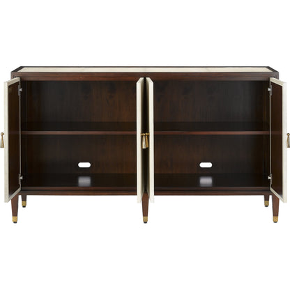 Evie Credenza by Currey and Company in ivory, dark walnut, brass. Made from faux shagreen, mahogany, cast brass in a transitional style.