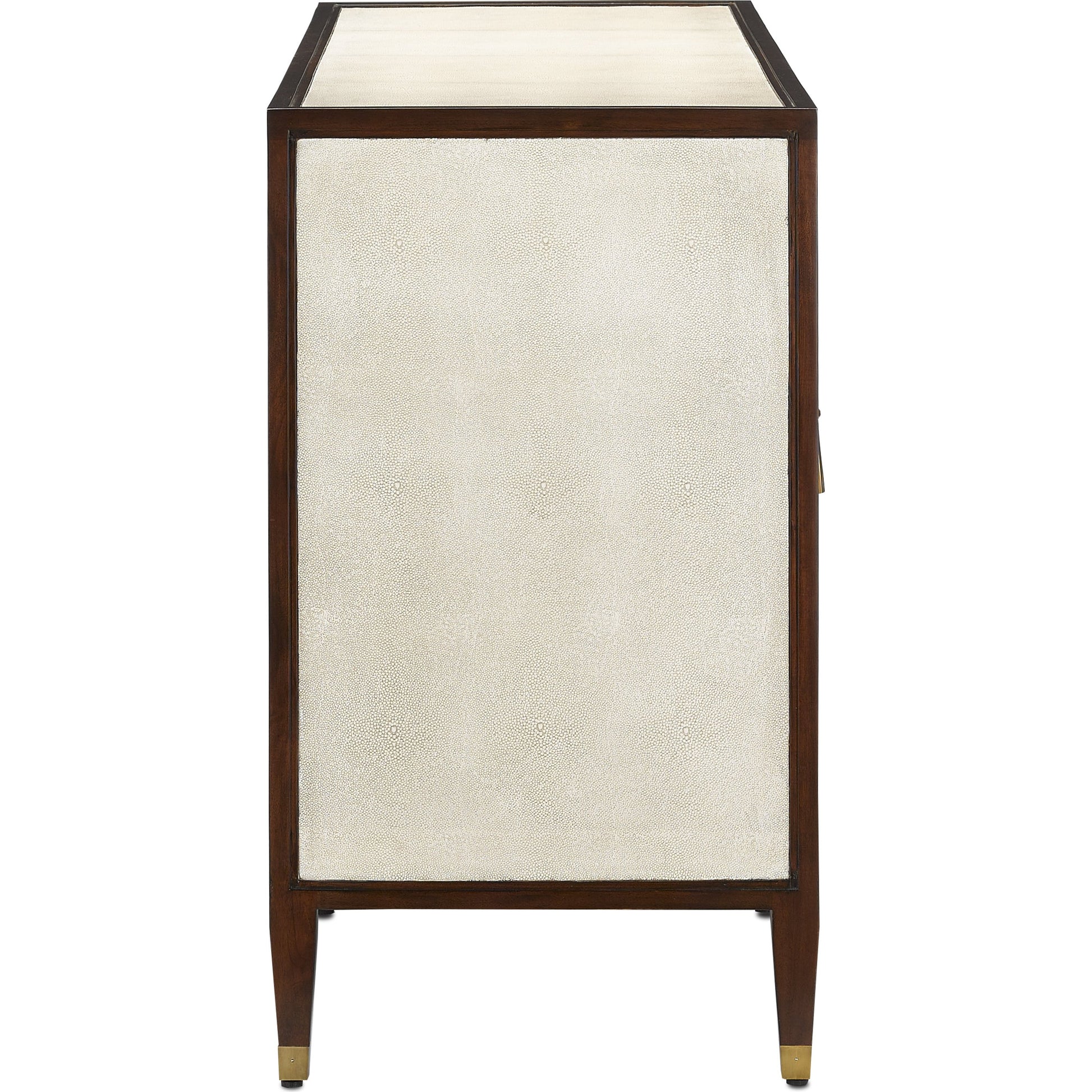 Evie Credenza by Currey and Company in ivory, dark walnut, brass. Made from faux shagreen, mahogany, cast brass in a transitional style.