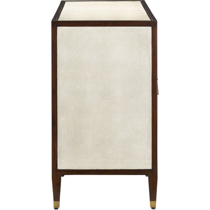 Evie Credenza by Currey and Company in ivory, dark walnut, brass. Made from faux shagreen, mahogany, cast brass in a transitional style.