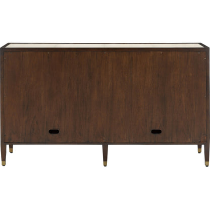 Evie Credenza by Currey and Company in ivory, dark walnut, brass. Made from faux shagreen, mahogany, cast brass in a transitional style.