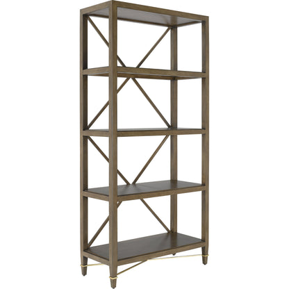 Verona Etagere by Currey and Company in chanterelle, champagne. Made from mahogany, iron in a transitional style.