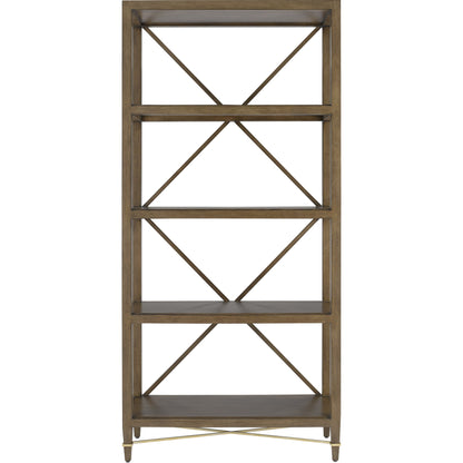 Verona Etagere by Currey and Company in chanterelle, champagne. Made from mahogany, iron in a transitional style.