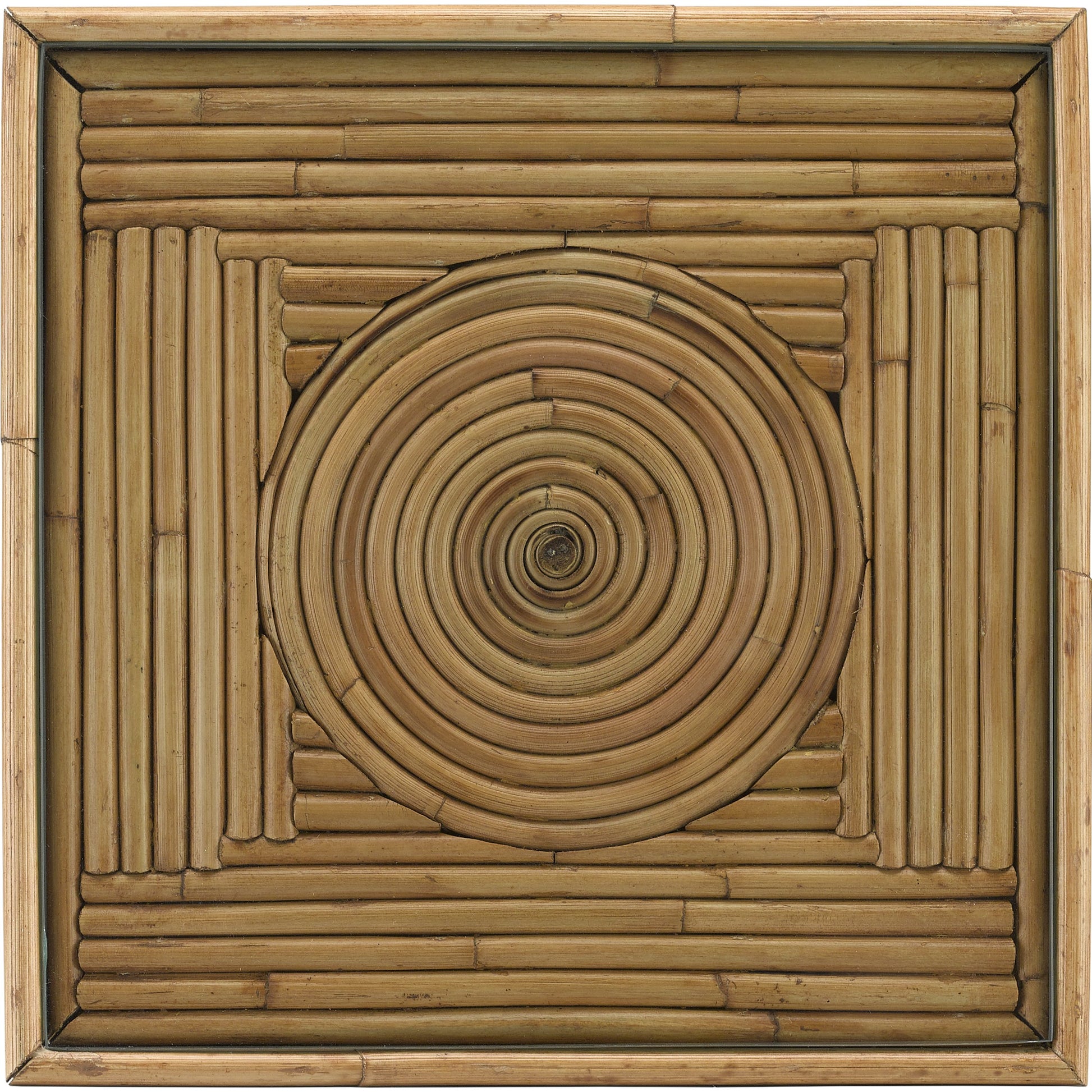 Silang Drinks Table by Currey and Company in natural rattan, clear. Made from rattan, wrought iron, glass in a transitional style.