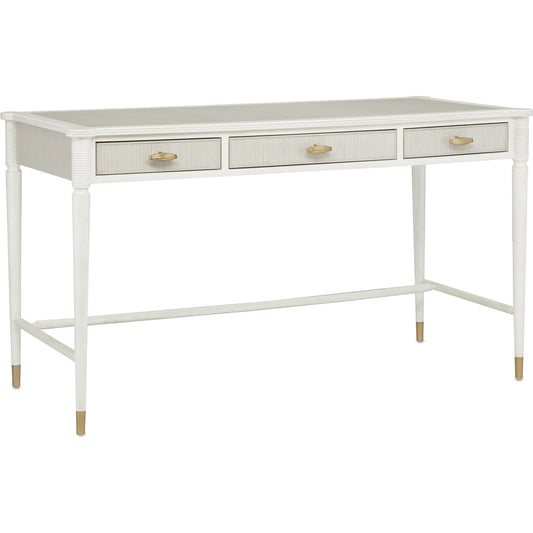Aster Desk by Currey and Company in off white, fog, brass. Made from mahogany, oak, brass in a transitional style.