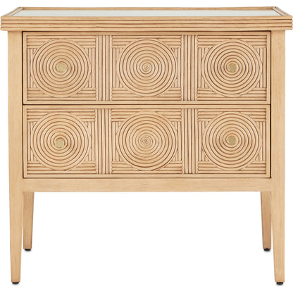 Santos 2-Drawer Chest by Currey and Company. Made from mahogany, rattan, brass, glass in a transitional style.