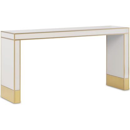Arden Console Table by Currey and Company in ivory, satin brass. Made from reverse painted glass, brass, solid hardwood in a modern style.