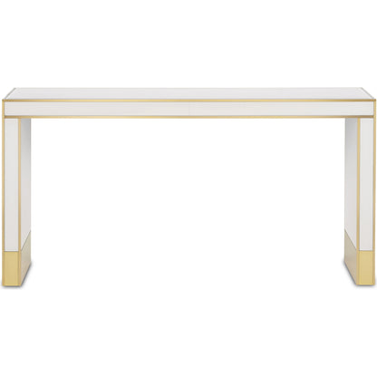 Arden Console Table by Currey and Company in ivory, satin brass. Made from reverse painted glass, brass, solid hardwood in a modern style.