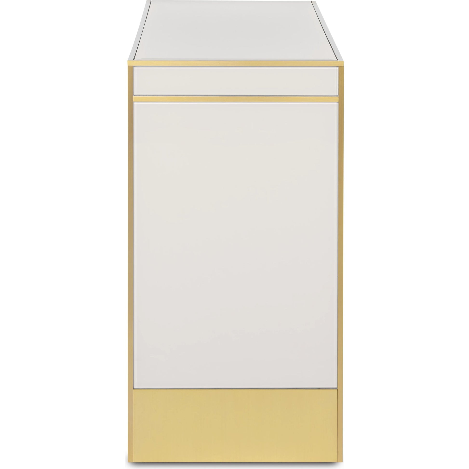 Arden Console Table by Currey and Company in ivory, satin brass. Made from reverse painted glass, brass, solid hardwood in a modern style.