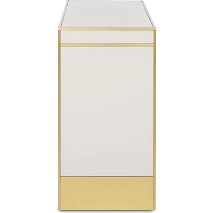 Arden Console Table by Currey and Company in ivory, satin brass. Made from reverse painted glass, brass, solid hardwood in a modern style.