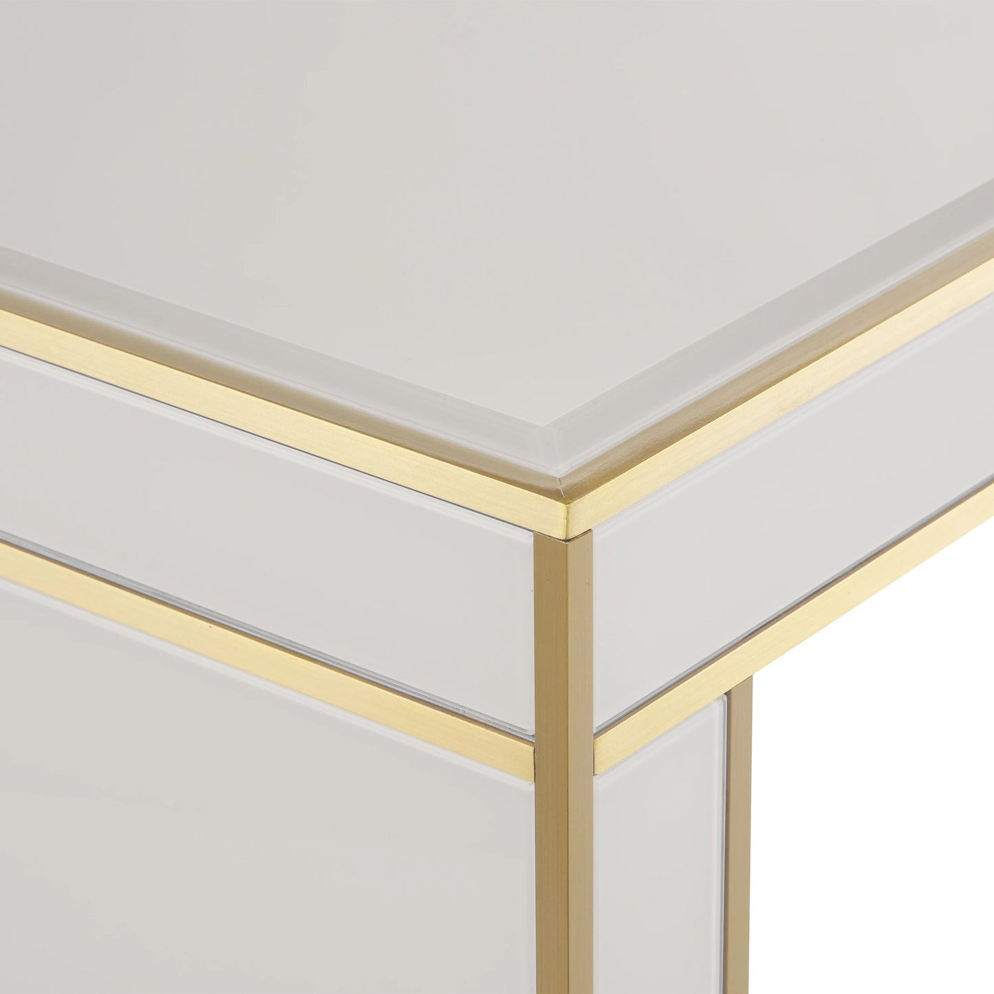 004 SI-1923806 | Closeup | Arden Console Table by Currey and Company in ivory, satin brass. Made from reverse painted glass, brass, solid hardwood in a modern style.