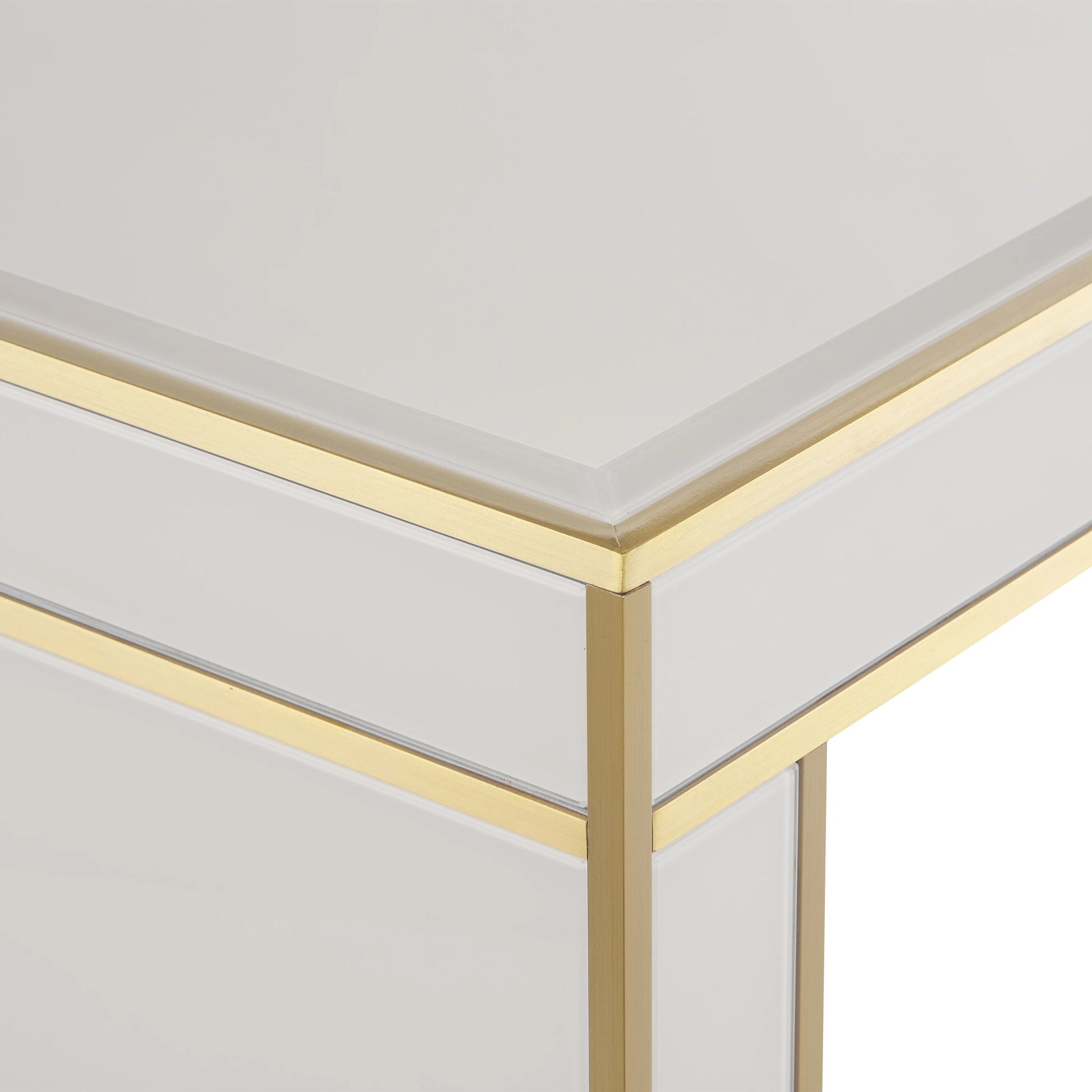 Arden Console Table by Currey and Company in ivory, satin brass. Made from reverse painted glass, brass, solid hardwood in a modern style.