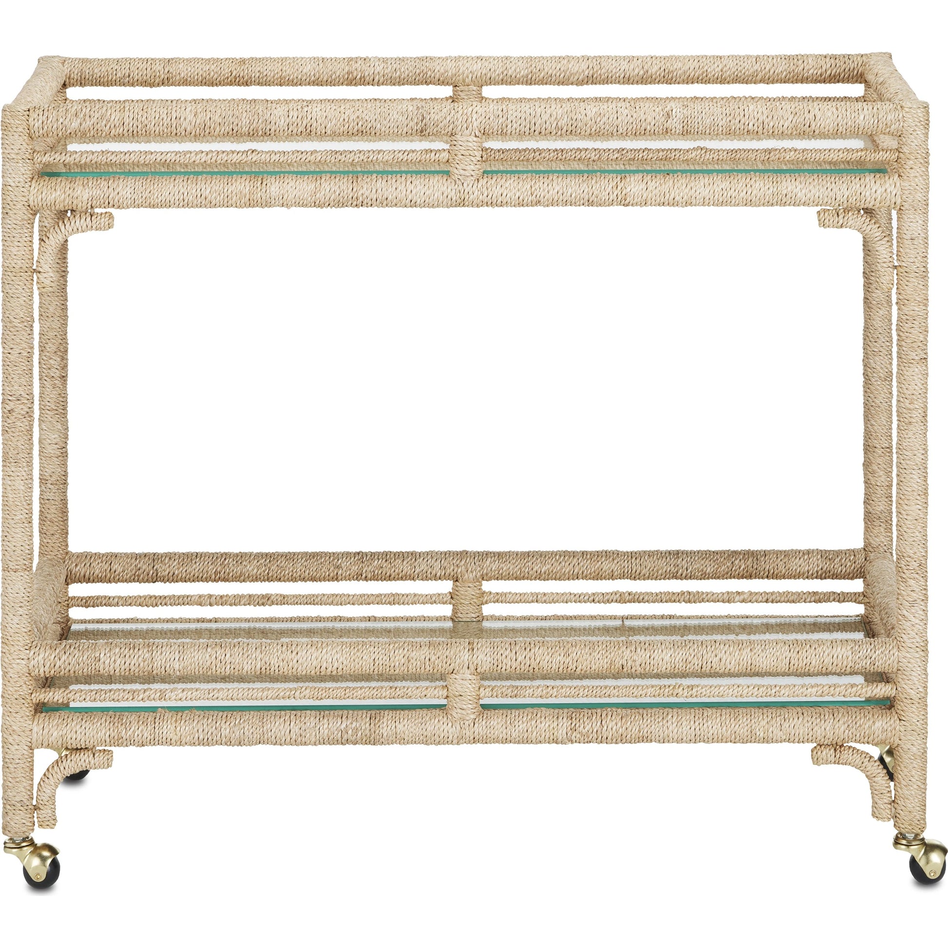 Olisa Bar Cart by Currey and Company in natural, clear. Made from abaca rope, wrought iron, glass in a coastal style.