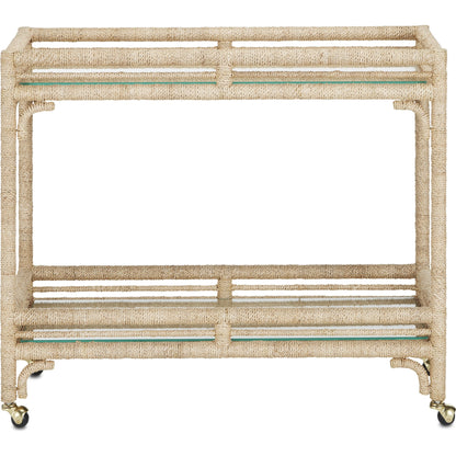 Olisa Bar Cart by Currey and Company in natural, clear. Made from abaca rope, wrought iron, glass in a coastal style.