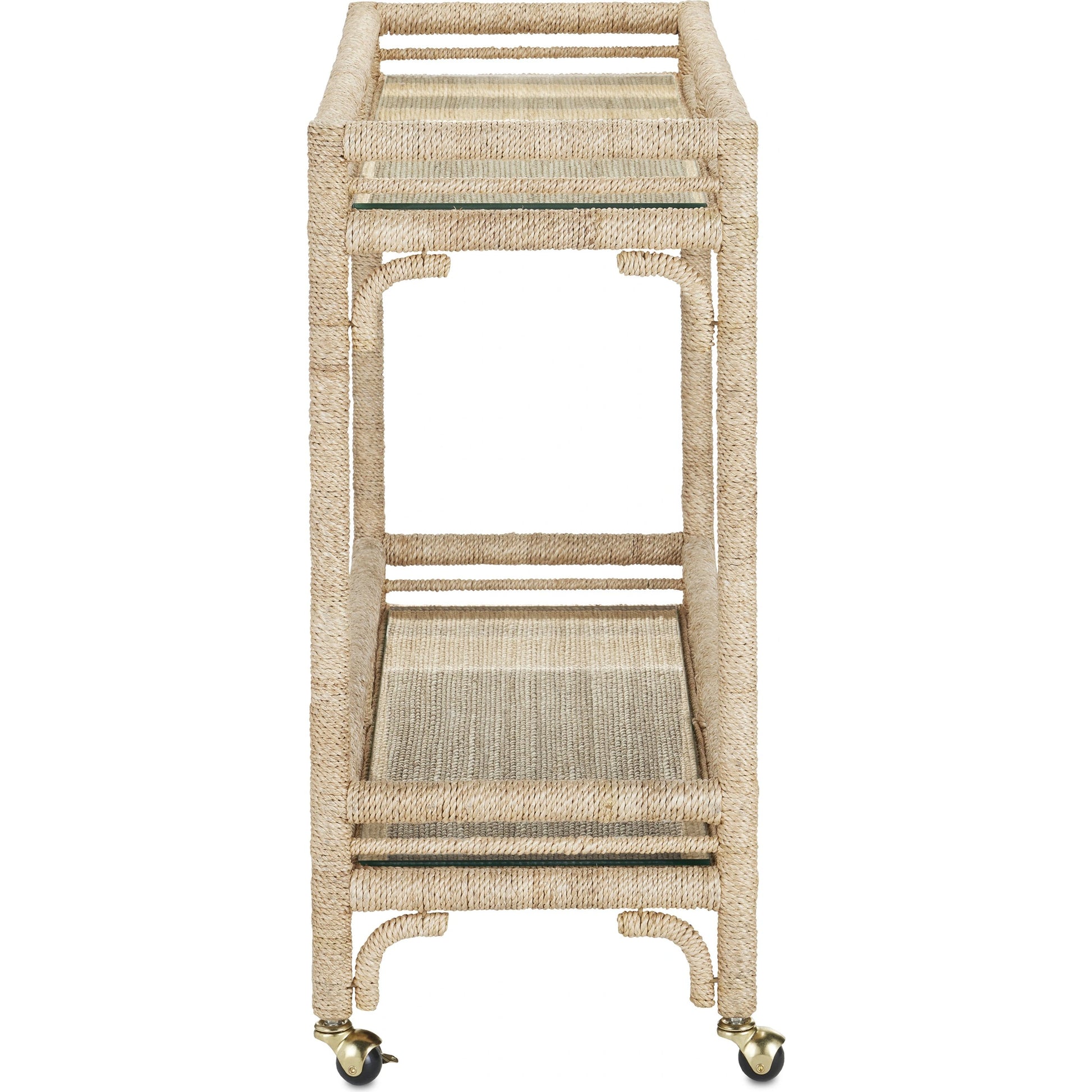 Olisa Bar Cart by Currey and Company in natural, clear. Made from abaca rope, wrought iron, glass in a coastal style.