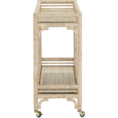 Olisa Bar Cart by Currey and Company in natural, clear. Made from abaca rope, wrought iron, glass in a coastal style.