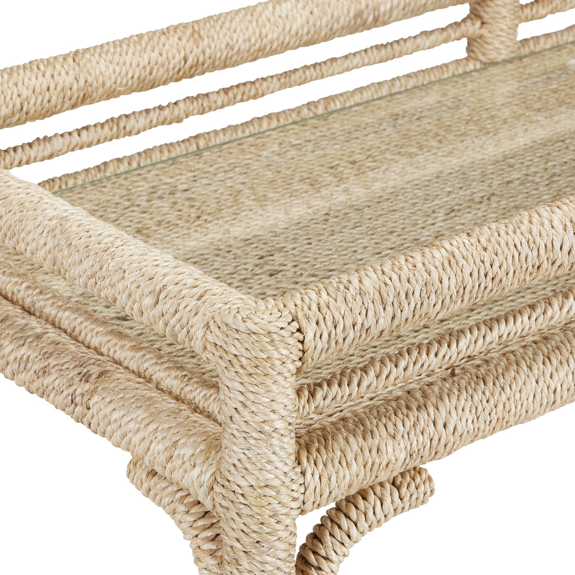 Olisa Bar Cart by Currey and Company in natural, clear. Made from abaca rope, wrought iron, glass in a coastal style.