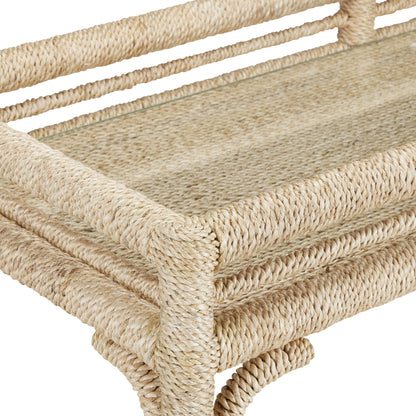 Olisa Bar Cart by Currey and Company in natural, clear. Made from abaca rope, wrought iron, glass in a coastal style.