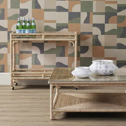 Olisa Bar Cart by Currey and Company in natural, clear. Made from abaca rope, wrought iron, glass in a coastal style.