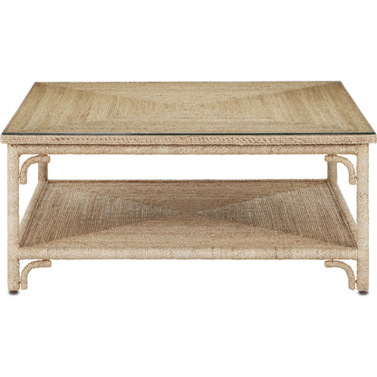Olisa Cocktail Table by Currey and Company in natural, clear. Made from abaca rope, wrought iron, glass in a modern style.