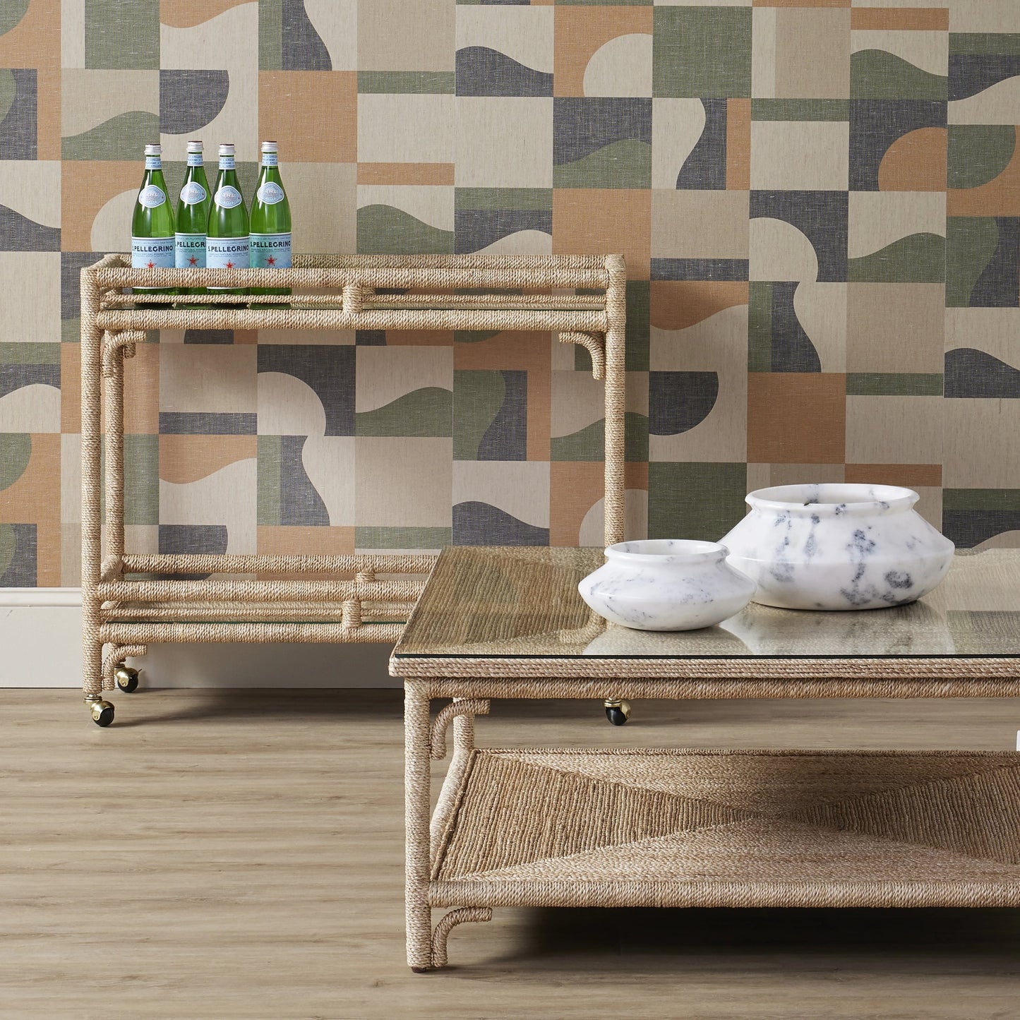 005 SI-1924072 | Lifestyle | Olisa Cocktail Table by Currey and Company in natural, clear. Made from abaca rope, wrought iron, glass in a modern style.