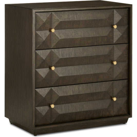 Kendall Chest by Currey and Company in dove gray, polished brass. Made from oak solids, veneers, brass in a transitional style.