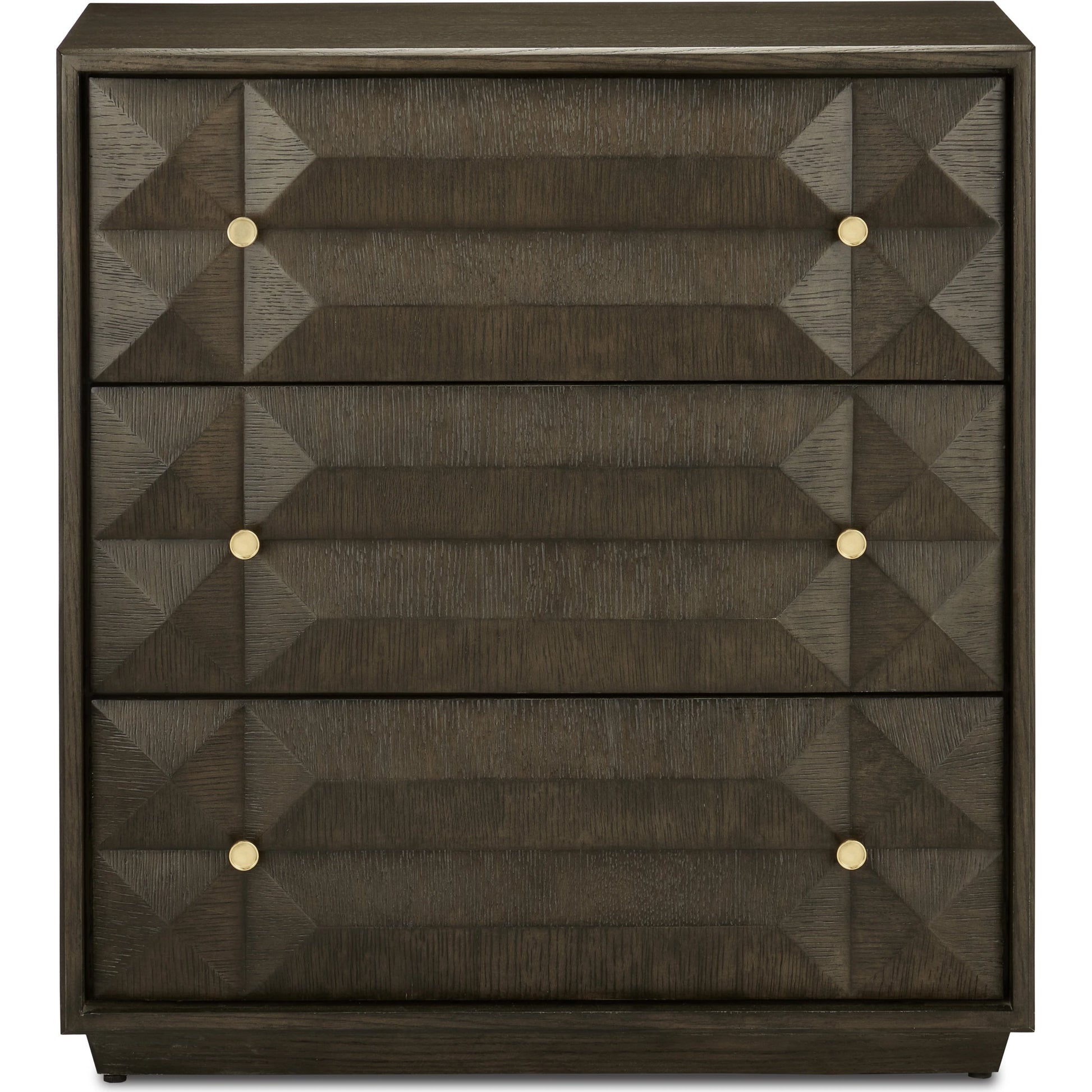 Kendall Chest by Currey and Company in dove gray, polished brass. Made from oak solids, veneers, brass in a transitional style.