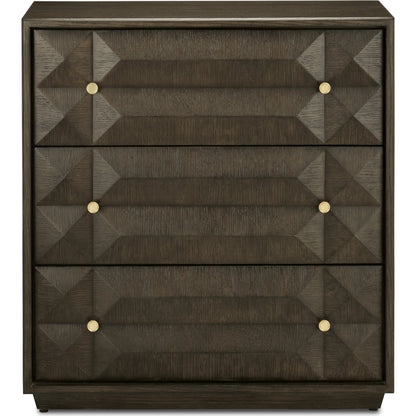 Kendall Chest by Currey and Company in dove gray, polished brass. Made from oak solids, veneers, brass in a transitional style.